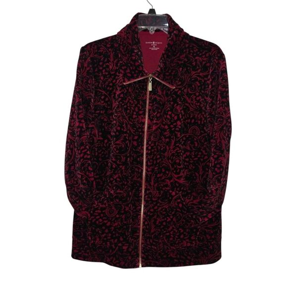 Karen Scott Sport Women Jacket XL Burgundy Velvet-Look Paisley Zip Front Pockets - Picture 3 of 13